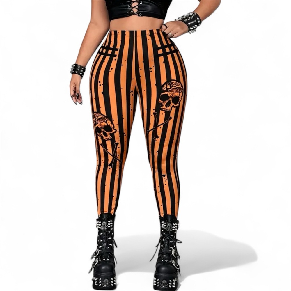 Women Orange & Black Striped Skull Print Women's Pants Size L/XL